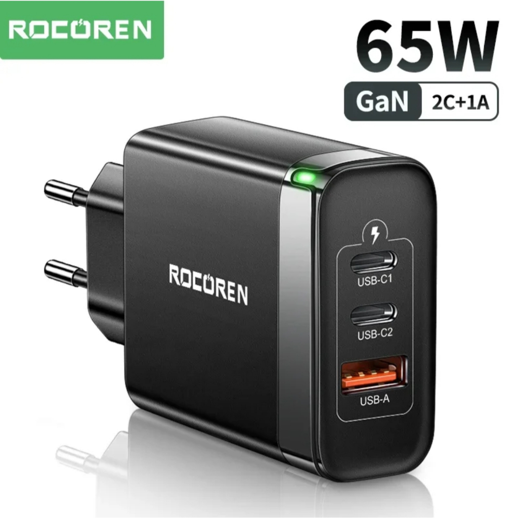 Carregador Rocoren GaN 65W Carga Rápida 3 Portas Protocolos,  Power Delivery (PD, Quick Charge, 60W 45W 30 25W, 20W FCP,