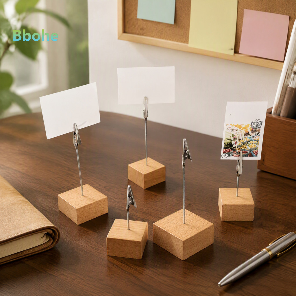 Desktop Memo Organizer Wood Receipt Holder Wooden Cube Clip Stand – Solid Square Base Note Vertical Card Display for O