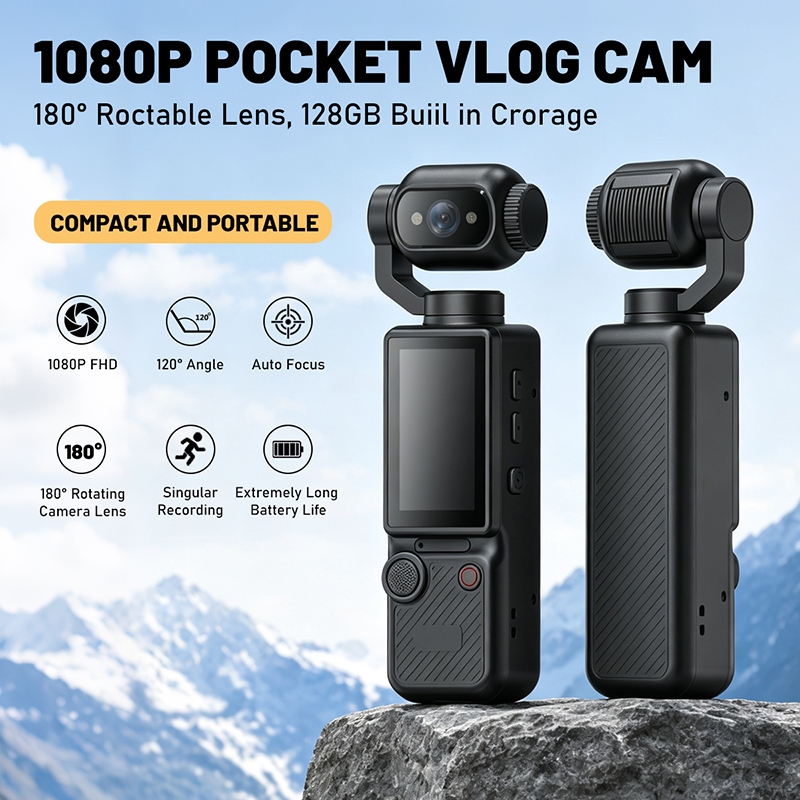 Câmera Vlog De Bolso 1080P FHD De Ação 48MP 180 ° Lente Giratória Embutida LED Luz Portátil De Vlogging Com Tela De 2 Po
