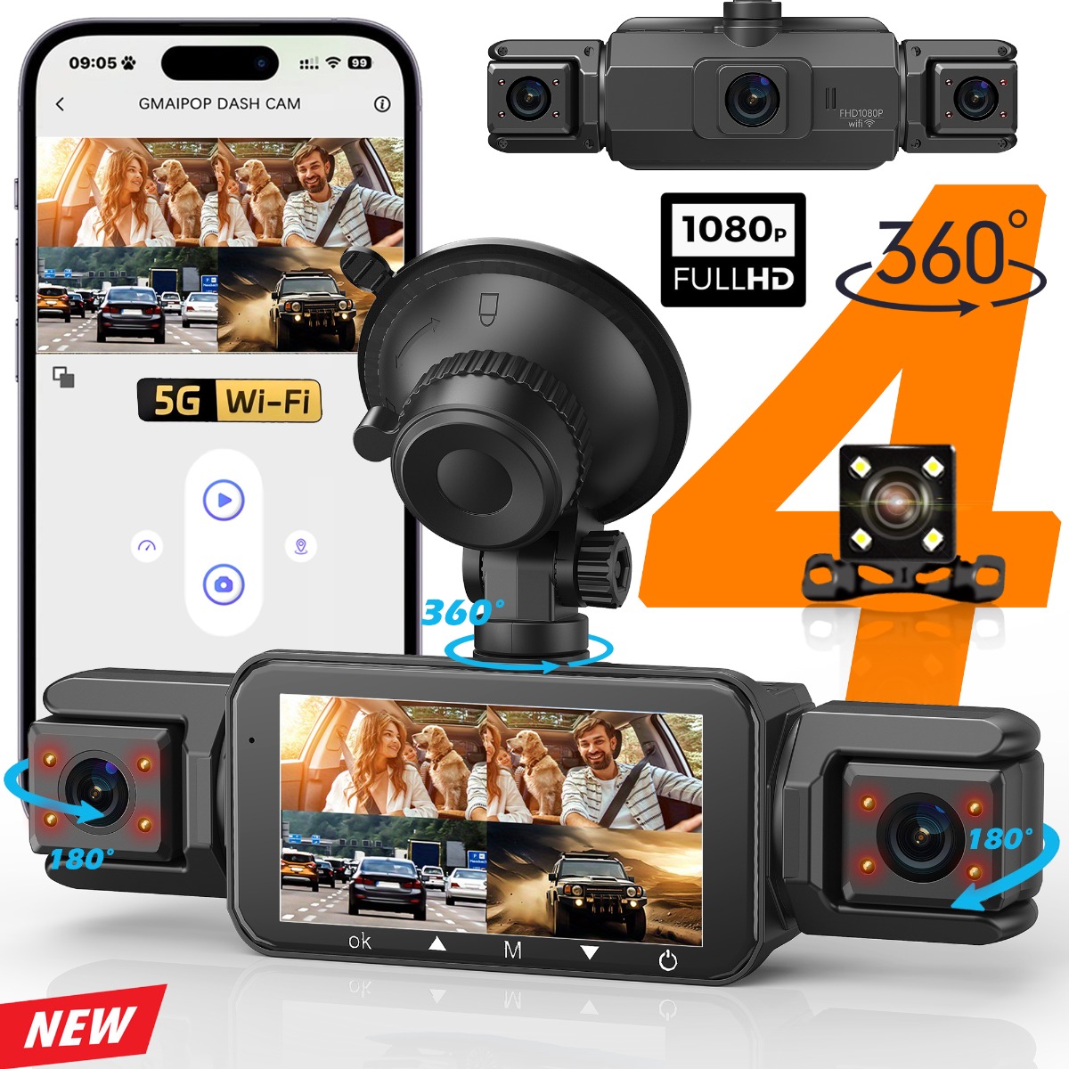 WIFI Dashcam Para Carros 4 Canais Fhd 1080p Visão Noturna Loop Record Adicionar Kit Hardwire Câmera De Estacionamento De