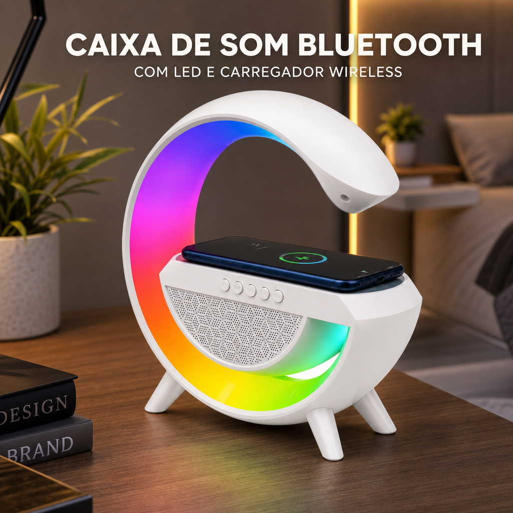 Caixa de Som Bluetooth com Carregador Wireless e LED Branca 23cm Speaker Portátil Rádio FM USB para Quarto e Sala