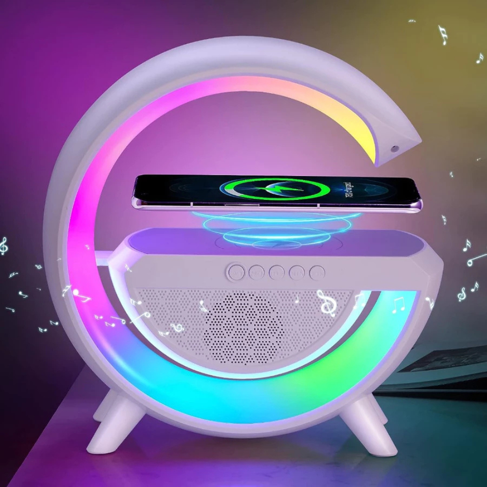 Caixa de Som Bluetooth LED RGB 7 Cores Carregador Wireless Rádio FM USB TF AUX Branca