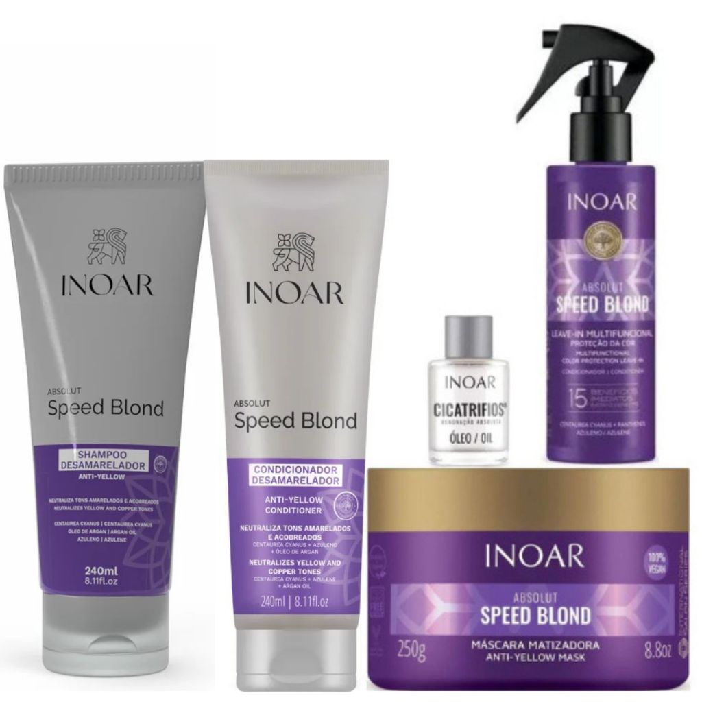 KIT INOAR SPEED BLOND SHAMPOO E CONDICIONADOR 2X240ML+MASCARA 250G+LEAV 200ML+ÓLEO CICATRIFIOS7ML