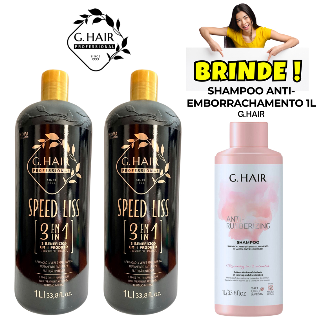G.Hair - Kit com 2 Escovas Progressivas Speed Liss 1L + 1 Shampoo Antiemborrachamento G.Hair de 1L