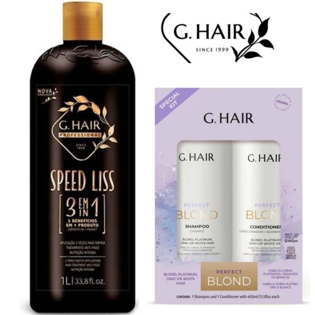 Kit G.hair Progressiva Tratamento Antifrizz Speed Liss  3 em 1 1litro+ KIT PERFECT BLOND SH + COND 400ML