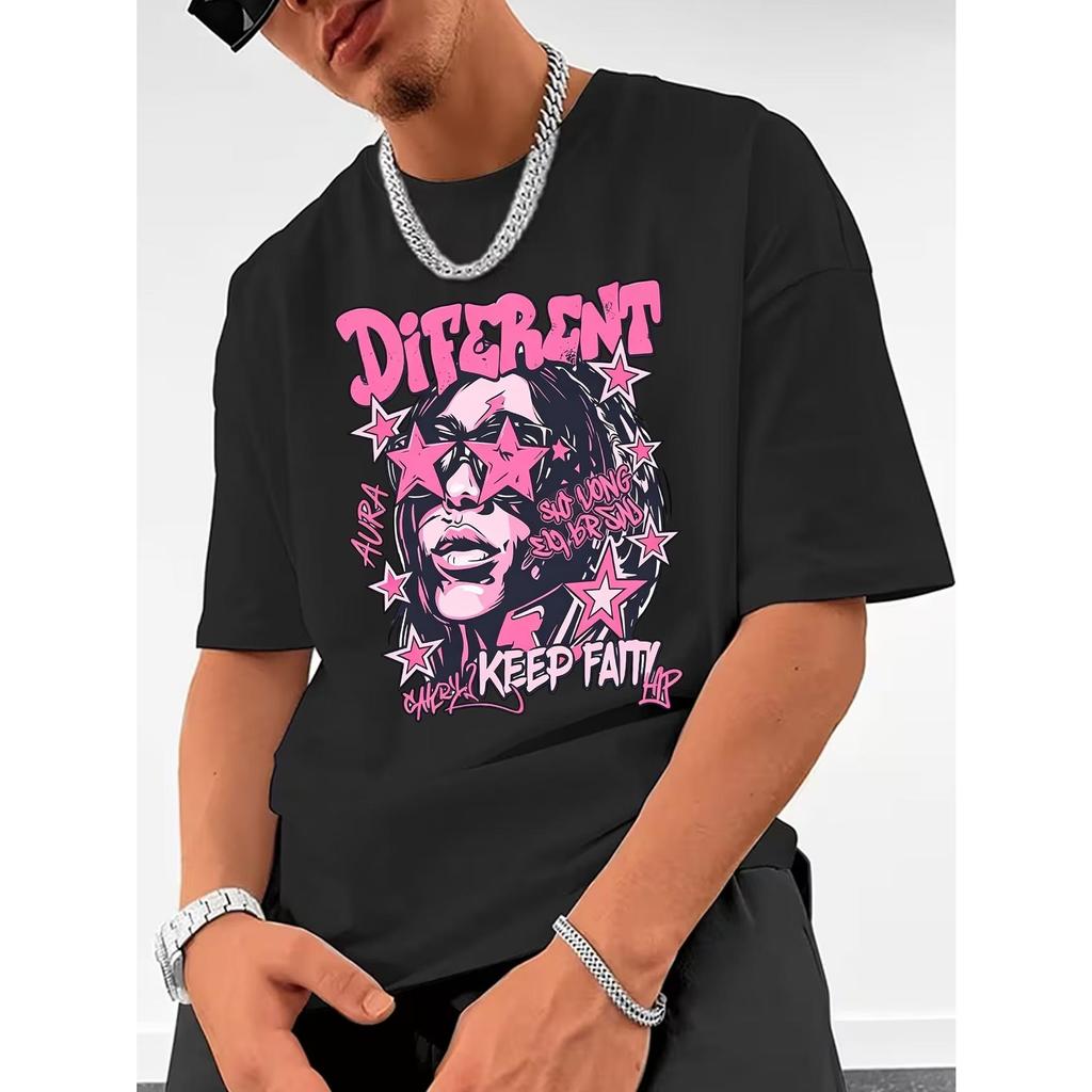 Camiseta Masculina Streetwear Algodão Penteado Infantil Adulto Plus Size Estampa Different keep Estrela star mulher