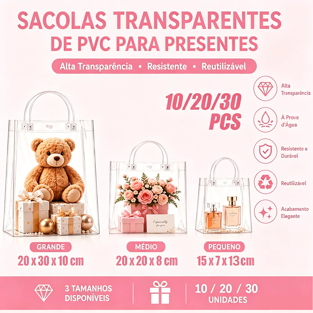 10/20/30 Transparent Gift Bags Reusable PVC Party Favors Gift Bags in Different Sizes, Tote Bags Handles