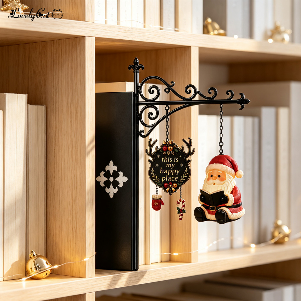 Bookshelf Light Christmas Book Decor Shelf with Iron Bookend Night Lamp Featuring Santa Reindeer Snowman Warm Glow Table