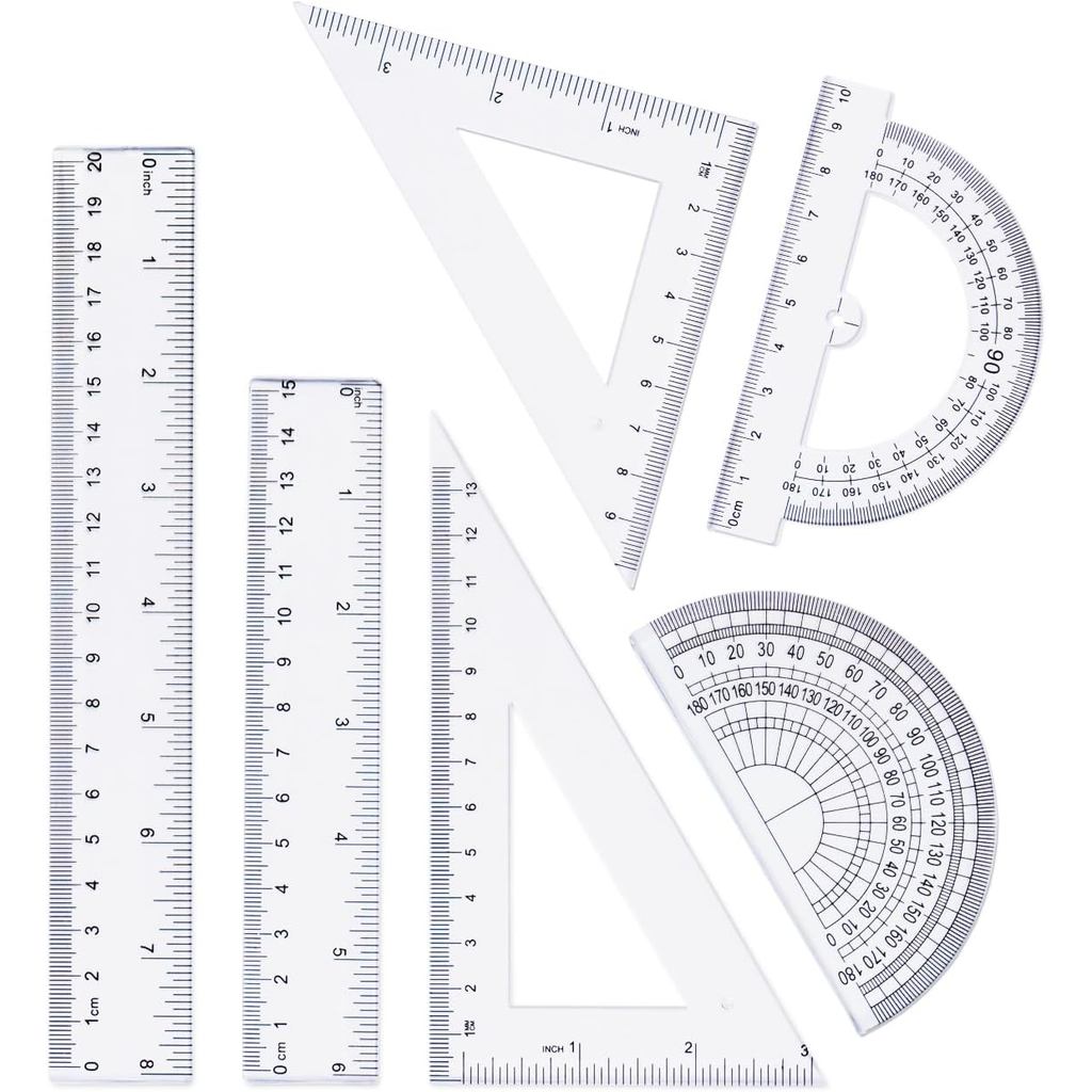 Geometry Set, 6-piece Clear Plastic Math Ruler, Drafting Kit Includes Protractor, Triangle Ruler, Straight Ruler-M