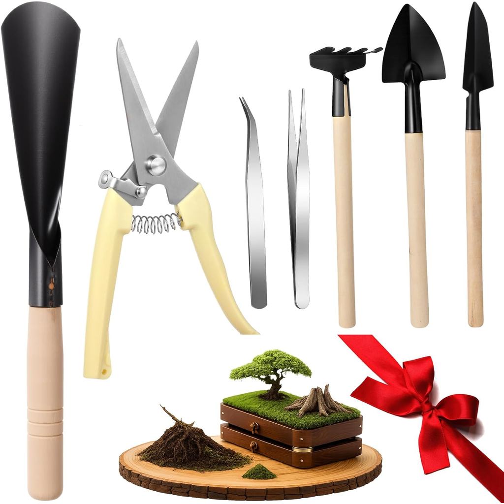 Frienda 7 Pcs Bonsai Tree Kit Garden Bonsai Tools Set Includes Pruning Shears, Mini Rake, Flat Tip Shovel, Pointed Shove