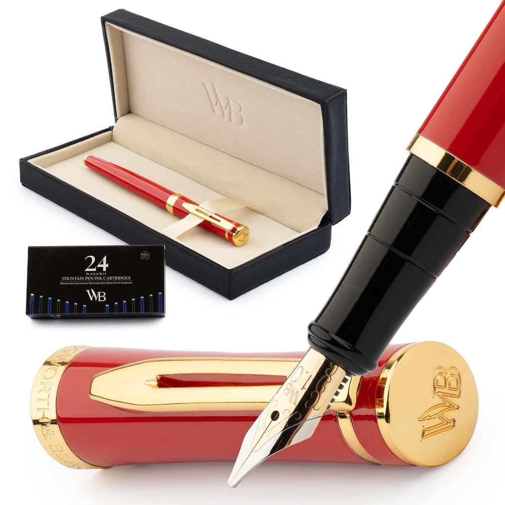 Wordsworth & Black Fountain Pen Set, featuring an 18K gold-plated broad nib, includes a 24-pack of ink cartridges, an in
