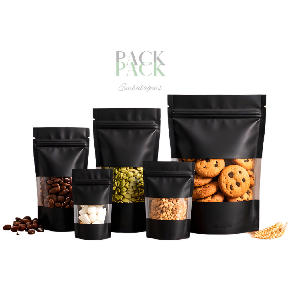 Kit 50 Stand Up Pouch Preto Metalizado Zip e Visor – Saco Hermético Reutilizável Alimentos e Doces