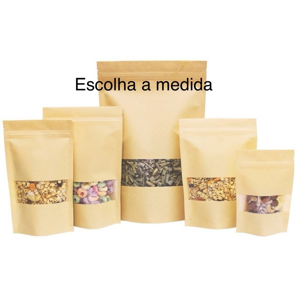 50 Sacos Kraft Stand Up Pouch Fecho Hermético Com Visor Escolha O Tamanho