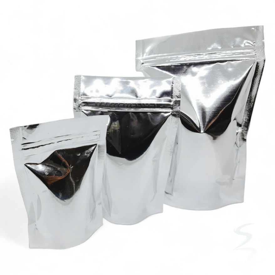 Kit 50 Sacos Laminados Metalizados Prata Stand Up Pouch 900 ml (15x23 cm) com Fecho Zip - Ideal para Alimentos