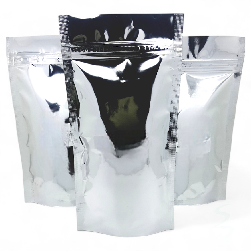 Kit 50 Sacos Laminados Metalizados Prata Stand Up Pouch 250 ml (10x19.5 cm) com Fecho Zip - Ideal para Alimentos