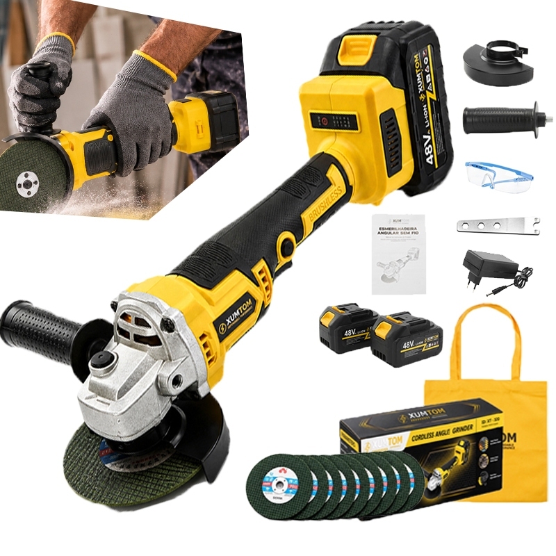 100mm 12000rpm 48V Portable Angle Brushless Grinder for Renovations with 2 Batteries and 10 Discs