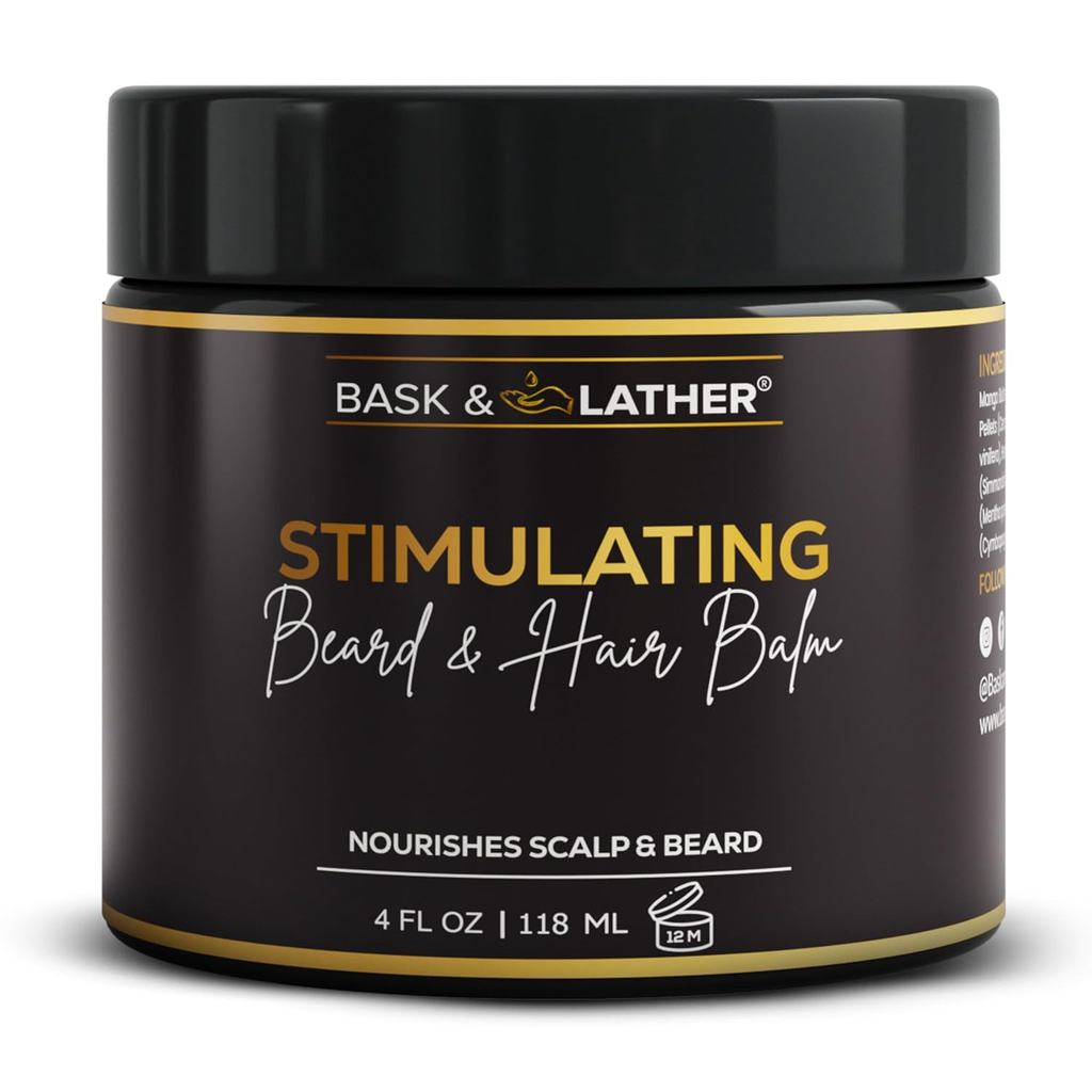 BASK & LATHER Stimulating Hair & Beard Balm, Leave-in Conditioner With Essential Oils, Mango & Shea Butter, Supports Itc