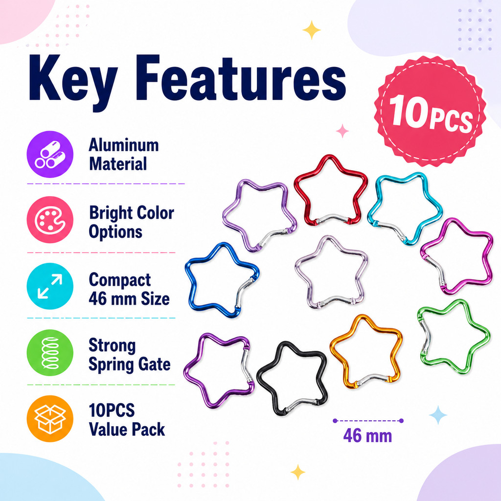 10pcs 46mm star-shaped carabiners made of aluminum alloy – lightweight and durablee keychains, colorful climbing hooks