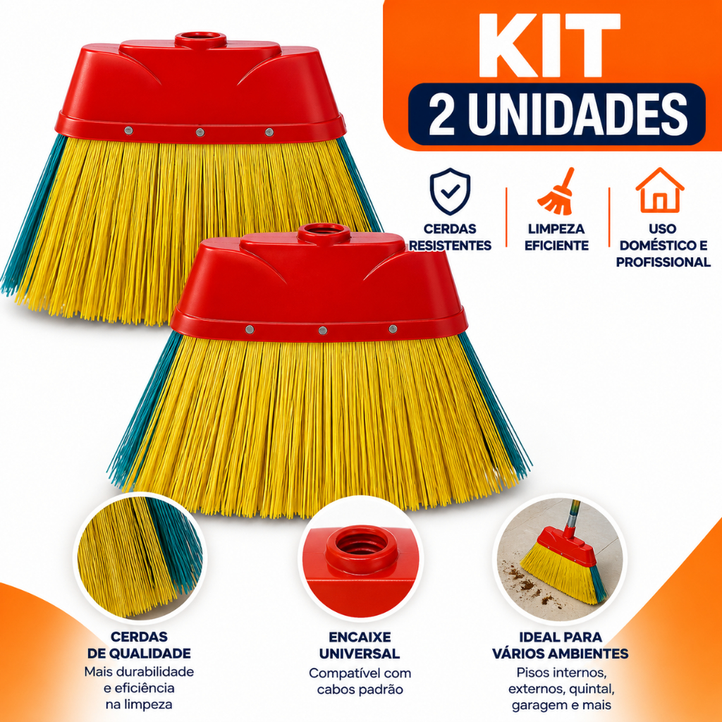 Kit 2 Vassoura Cerdas Longas Resistentes 26cm SEM CABO Dubom Limpeza Pesada Externo Plug Nylon