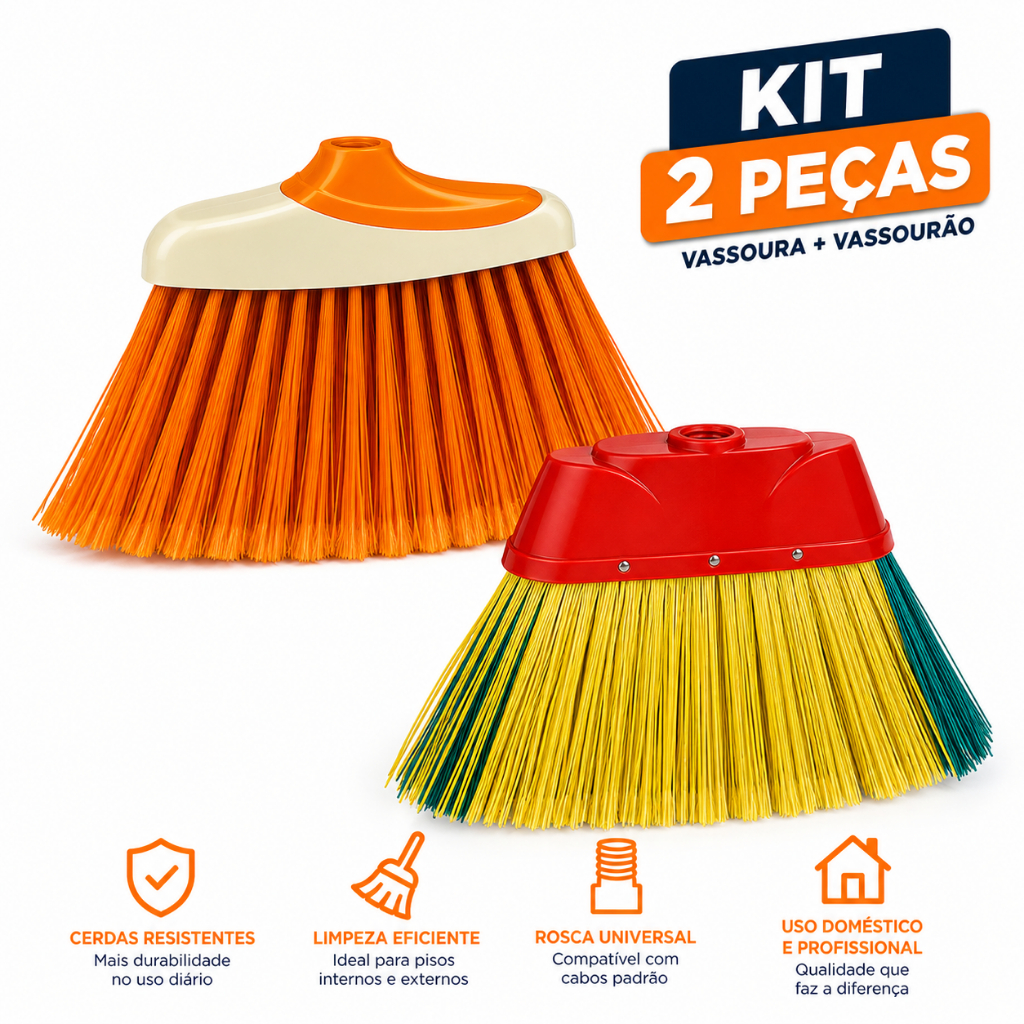 Vassoura Sem Cabo Kit 2 Unidades Cerdas Macias Resistentes Limpeza Pesada Piso Casa Interno Externo