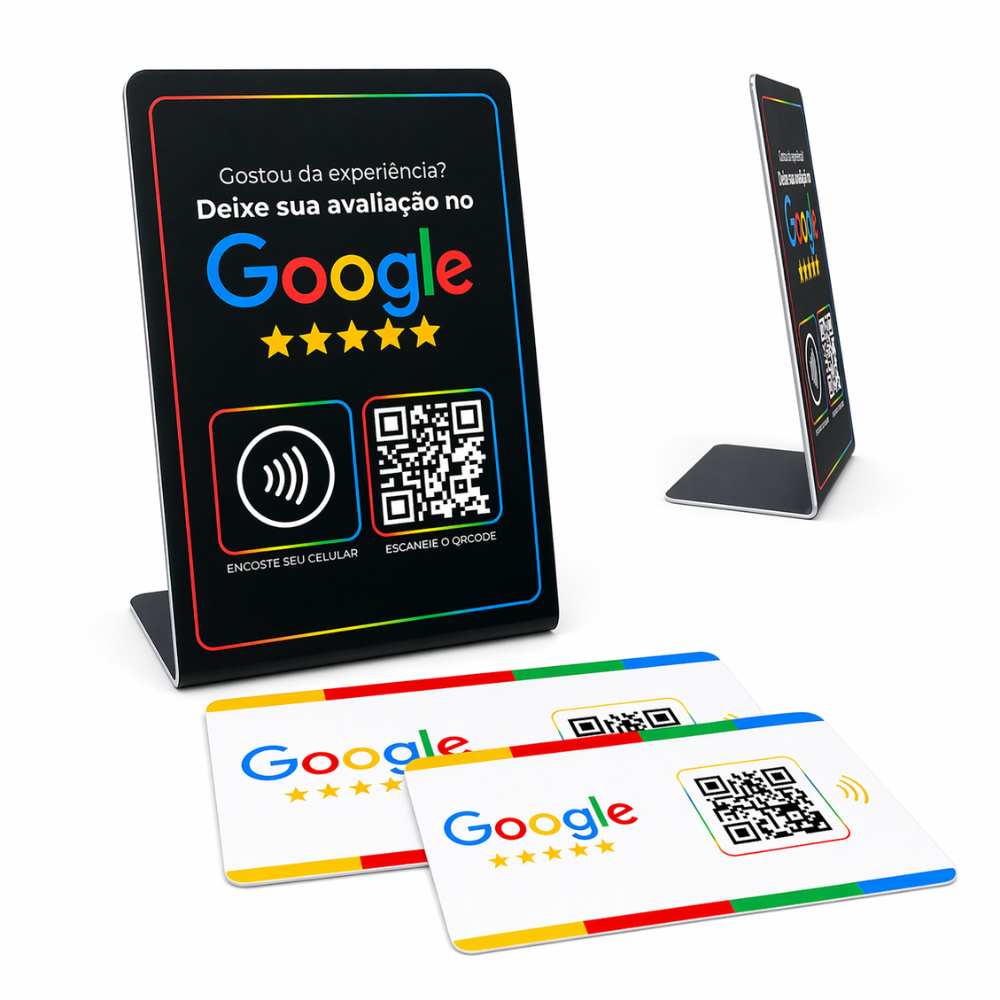 Google avaliação plaquinha com 2 cartões (aproximação nfc e qrcode encostar) onetag