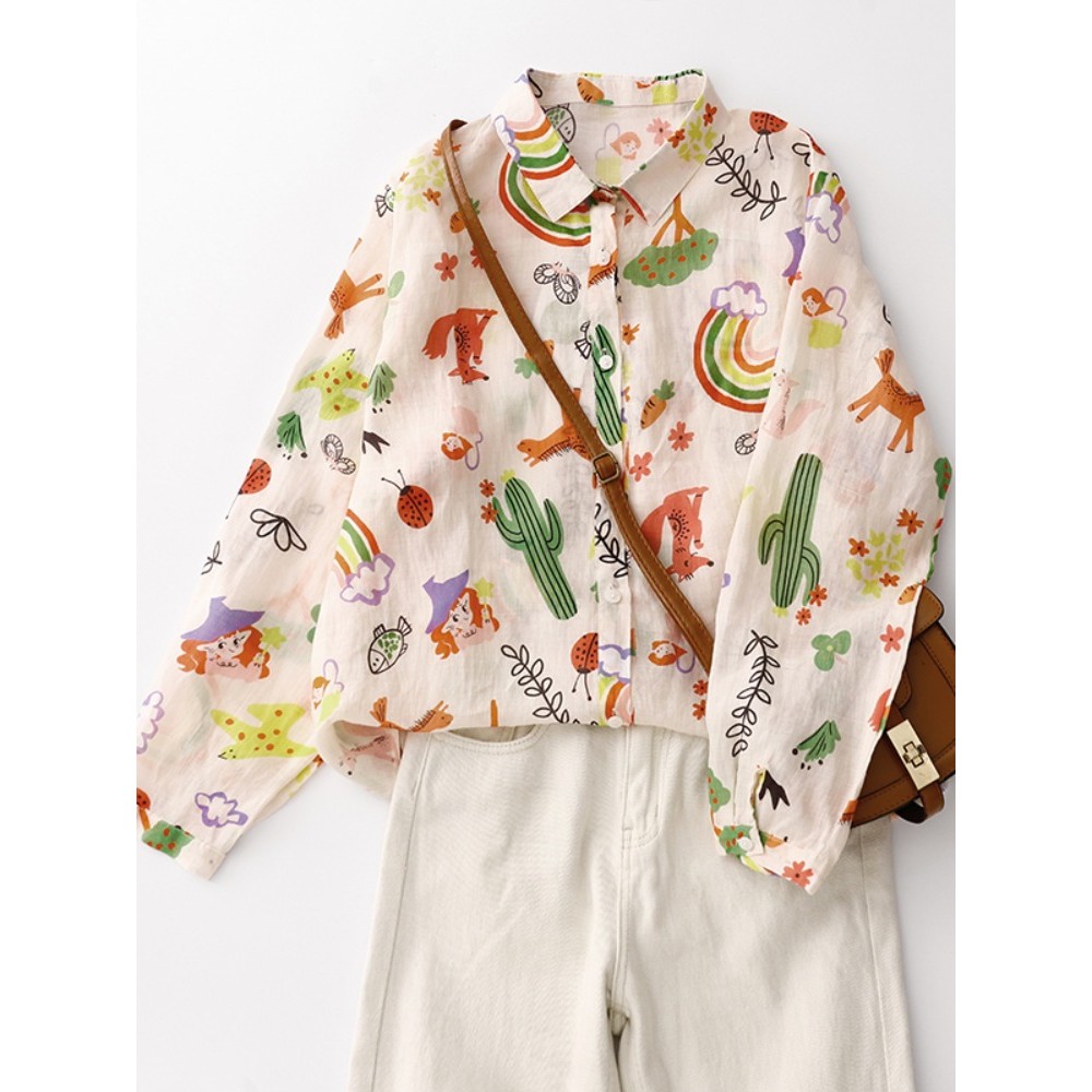 Ramie Cartoon impresso camisa feminina 2025 primavera camisa em camadas de alta qualidade Cardigan estilo fino algodão l