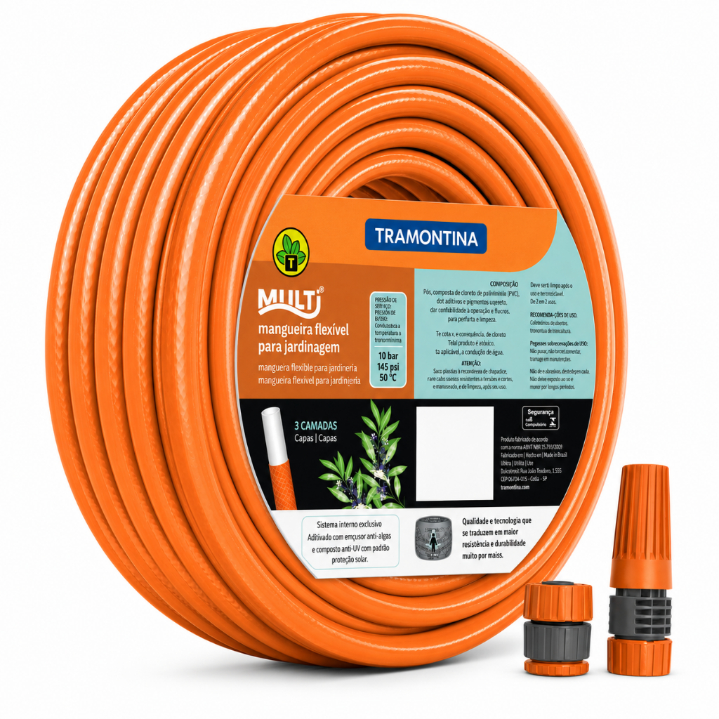 Mangueira de jardim 30metros Multi Laranja Reforçada 1/2'' Em Pvc 3 Camadas Com Kit Esguicho Rápido