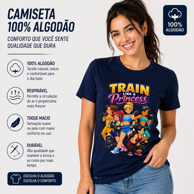 Camiseta Academia Train like a Princess | Princesas | Treino | Fitness | 100 % Algodão Premium | Camiseta e Baby Look
