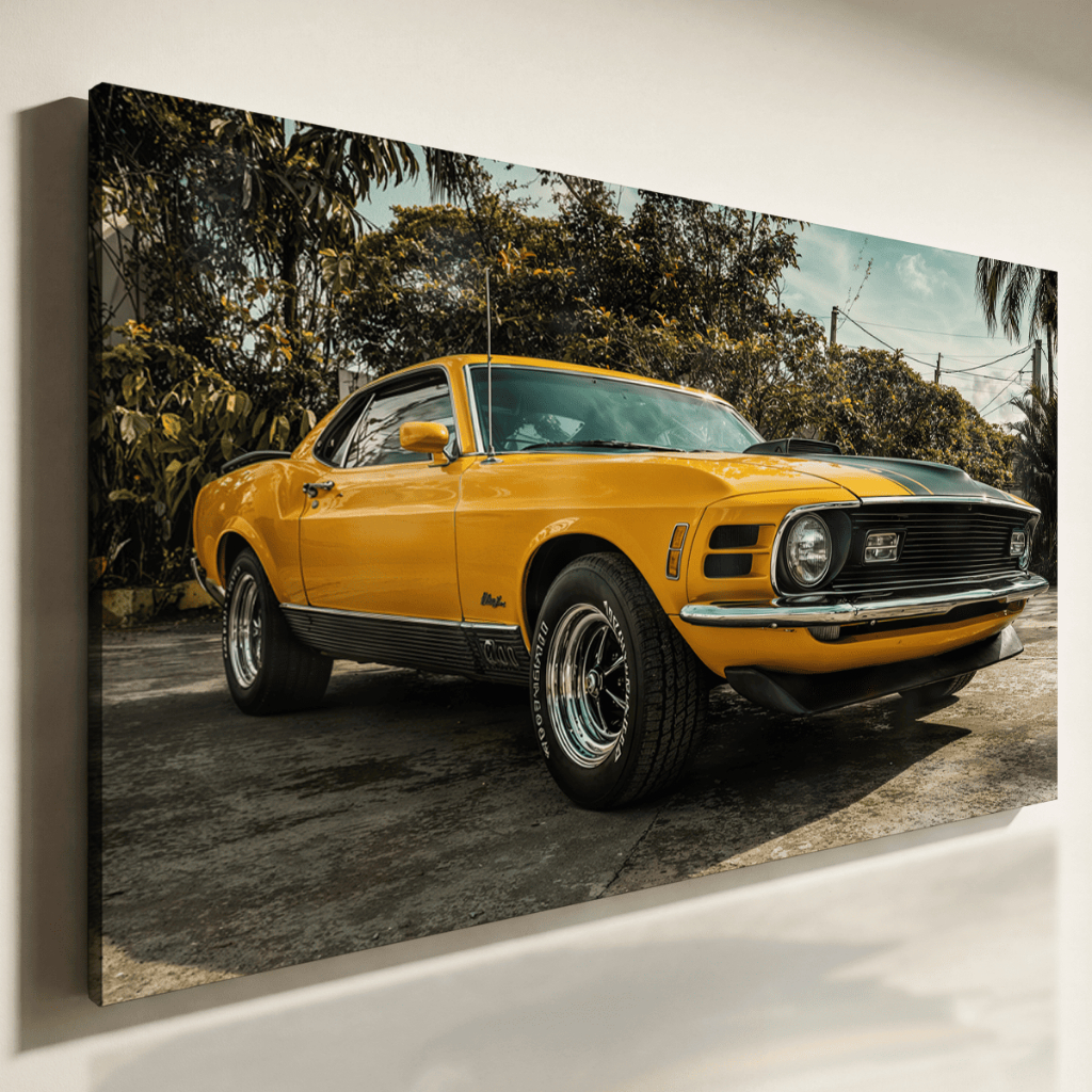 Quadro Decorativo Carro Antigo Amarelo Muscle Car Estilo Vintage Parede Horizontal