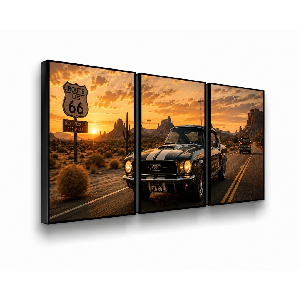 Kit 3 Quadros Carro Muscle Rota 66 Deserto Pôr do Sol Vintage Garagem Barbearia