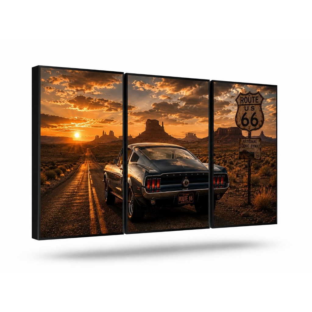 Kit 3 Quadros Muscle Car Rota 66 Deserto Pôr do Sol Vintage Retrô Quarto Garagem Masculino