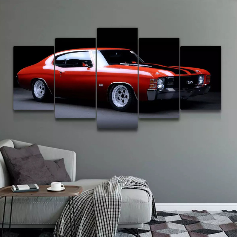 Kit 5 Quadros Decorativos Mosaico Carro Muscle Vermelho