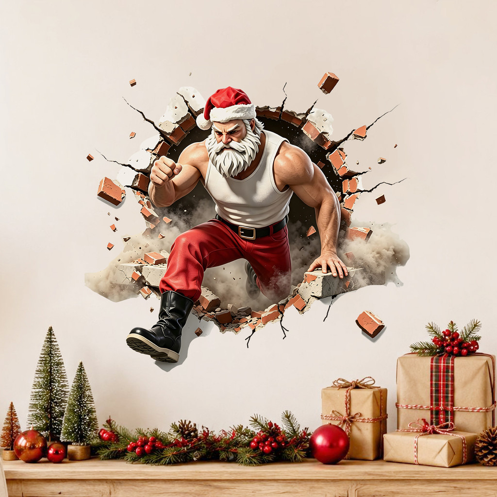Gzmj Muscle Papai Noel Quebra Na Parede Decalque De Natal , Adesivo Autoadesivo De Tijolo Rachado 3D , Mural Engraçado P