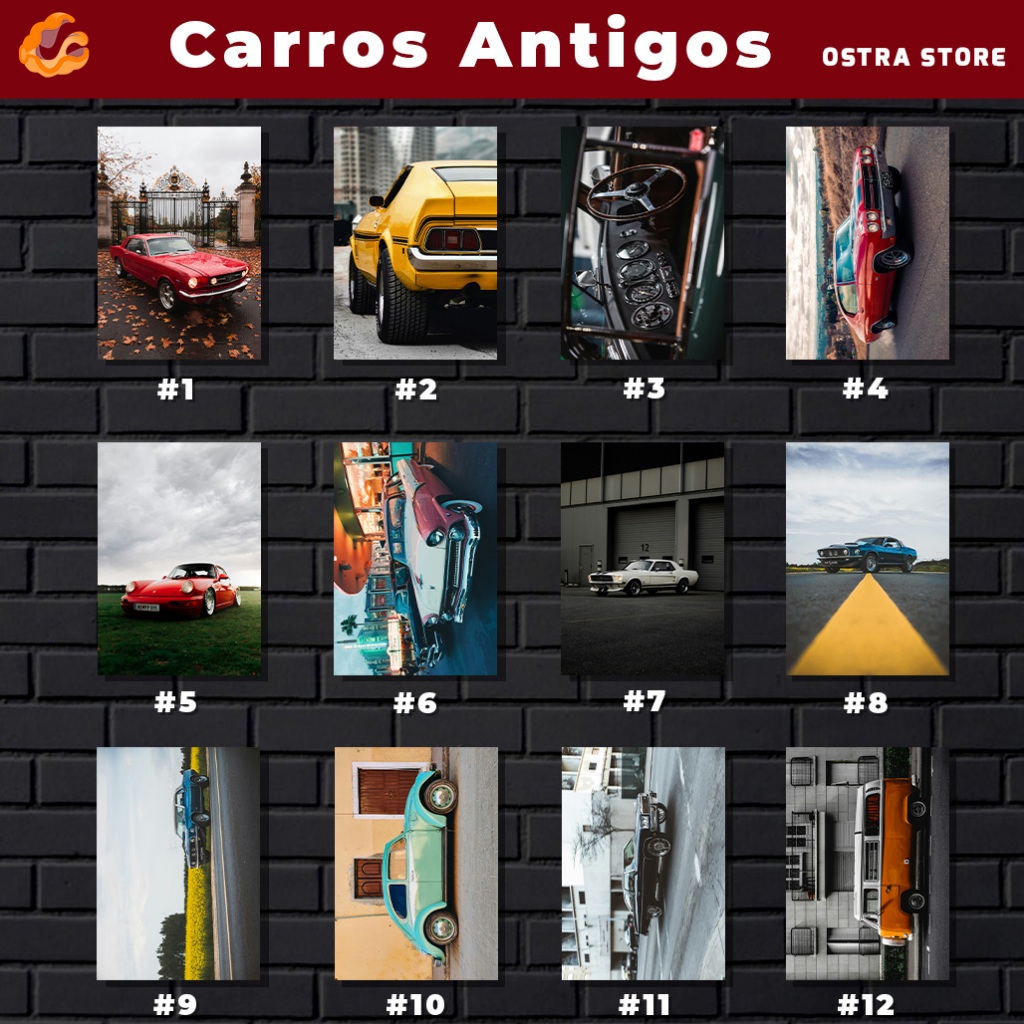 Carros Antigos 01 a 12 - Placa MDF & Quadro com Moldura - muscle car - garagem