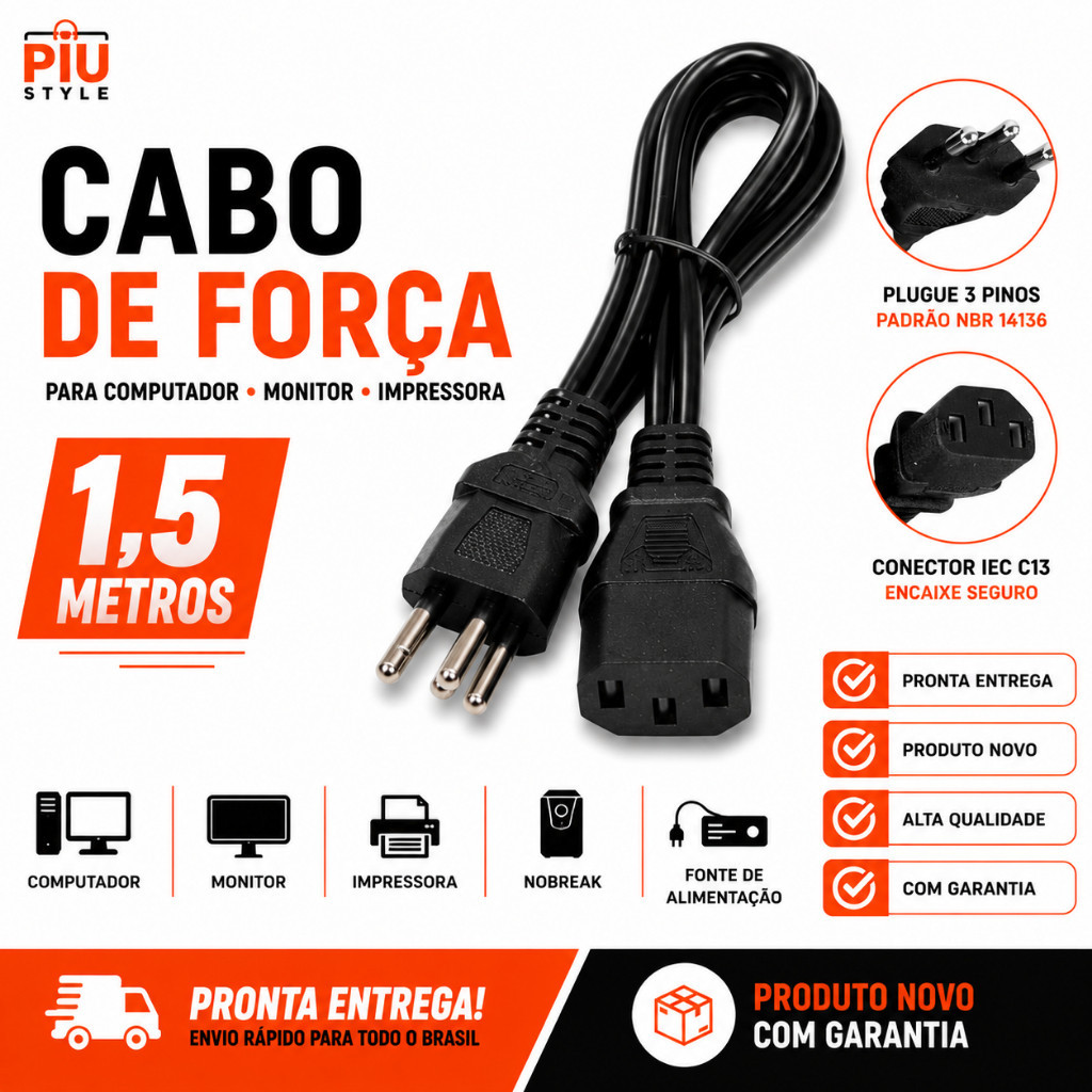Cabo de Energia 3 Pinos tripolar  Padrão  PC TV Monitor Fonte Atx  10A Xbox one Panela 1,5 metros