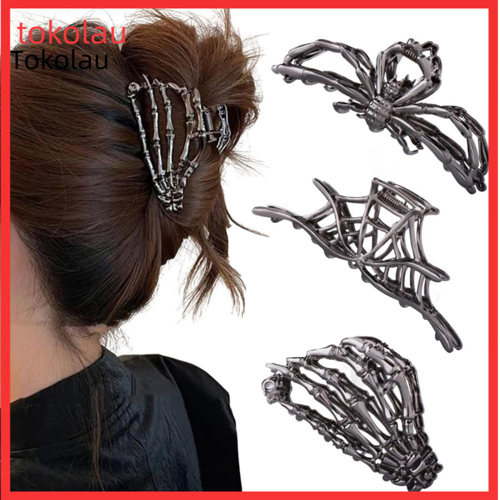 Easy to Use Hair Accessory Claw Clip 4pcs Halloween Clips Set – Black Spider Web Skeleton Hand Bat Shark Shape Claws w