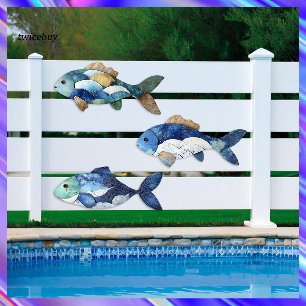 Wood Fish Wall Decor Fish-shaped Decorations 3/4pcs Wooden Set Rustic Nautical Sea Turtle Starfish Shell Sculpture Coast