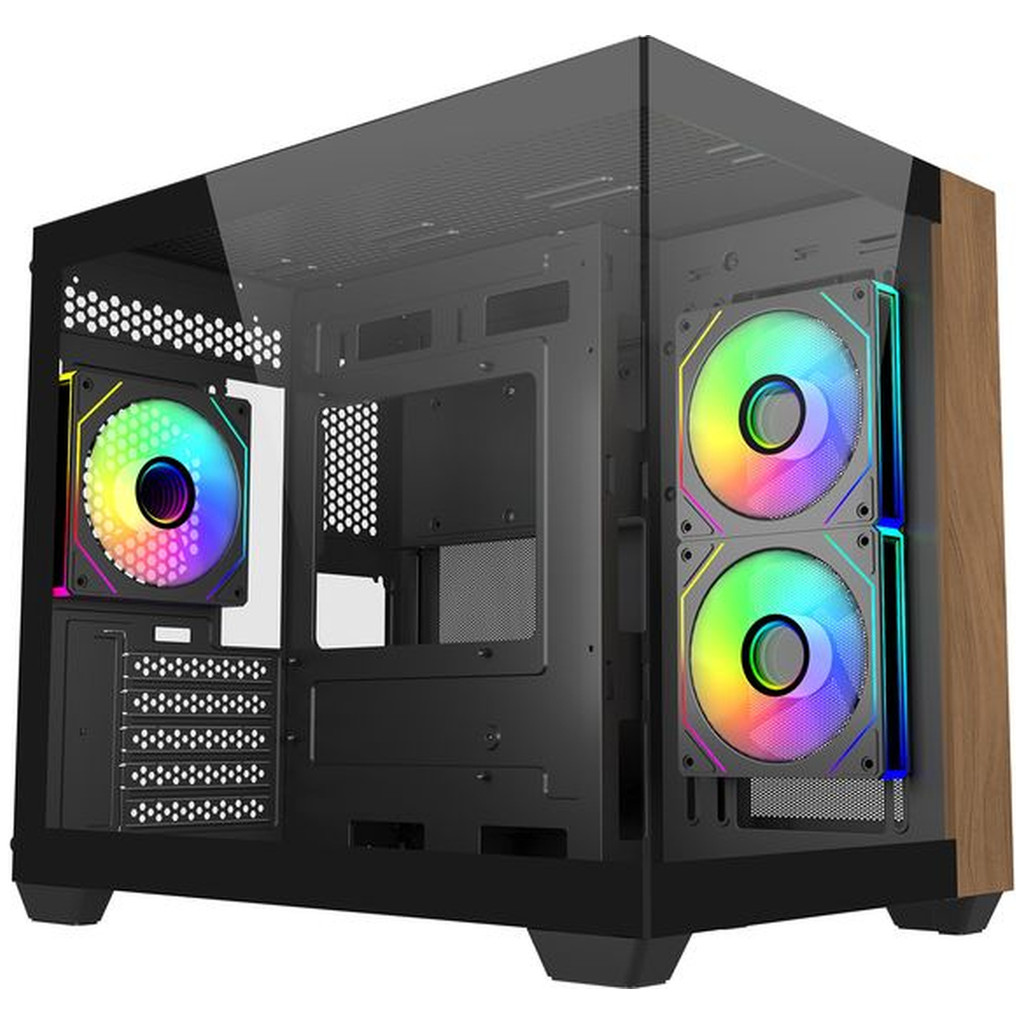 Gabinete Gamer Cooler Master Elite 481 Wood, Mini-Tower, Lateral de Vidro, Preto, Com 3 Fans ARGB, E481-KHNN-S00