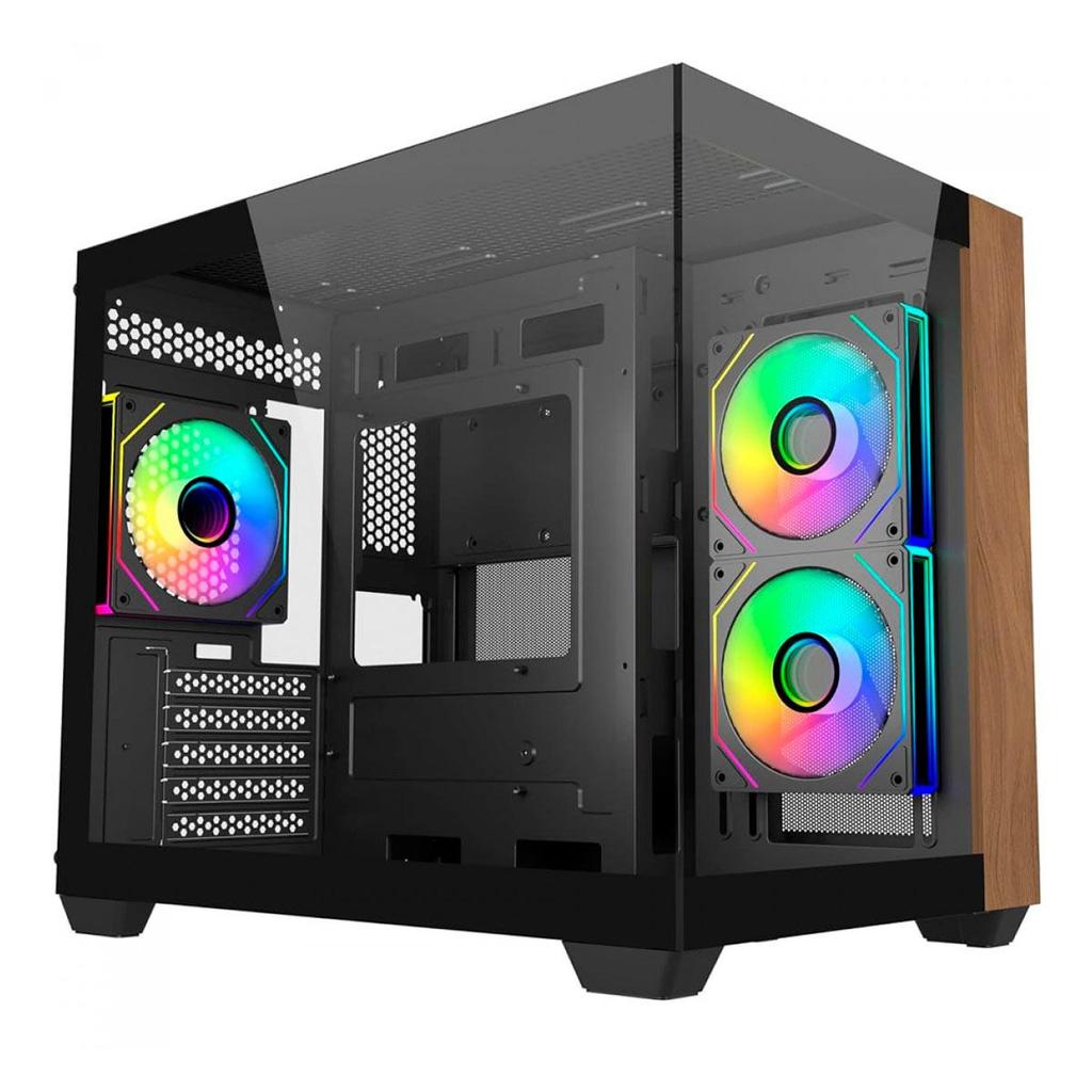 Gabinete Gamer Cooler Master Elite 481 Wood - Vidro e Madeira - 3 Fans ARGB - Preto - E481-KHN