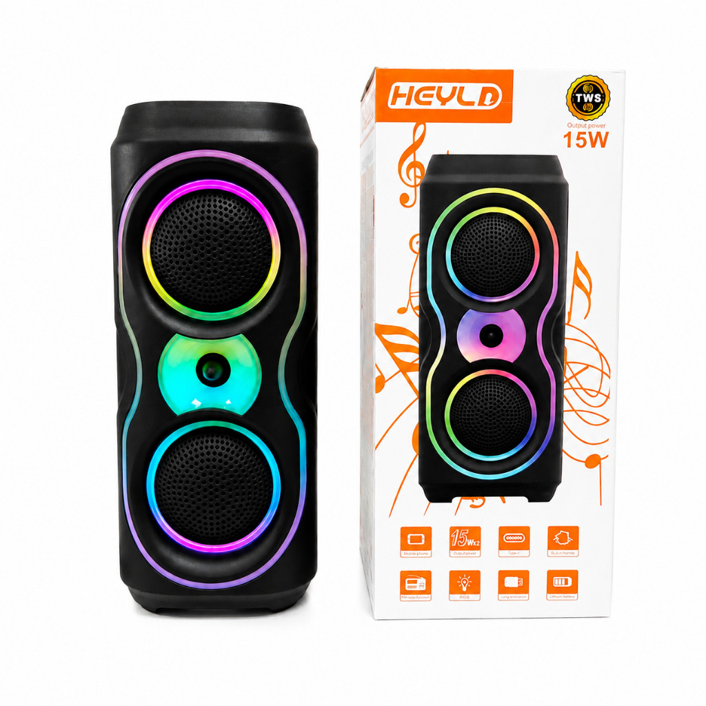 Caixa de Som Bluetooth HY-3639BT 15W x 2 RGB Bluetooth 5.4 USB Rádio FM TWS