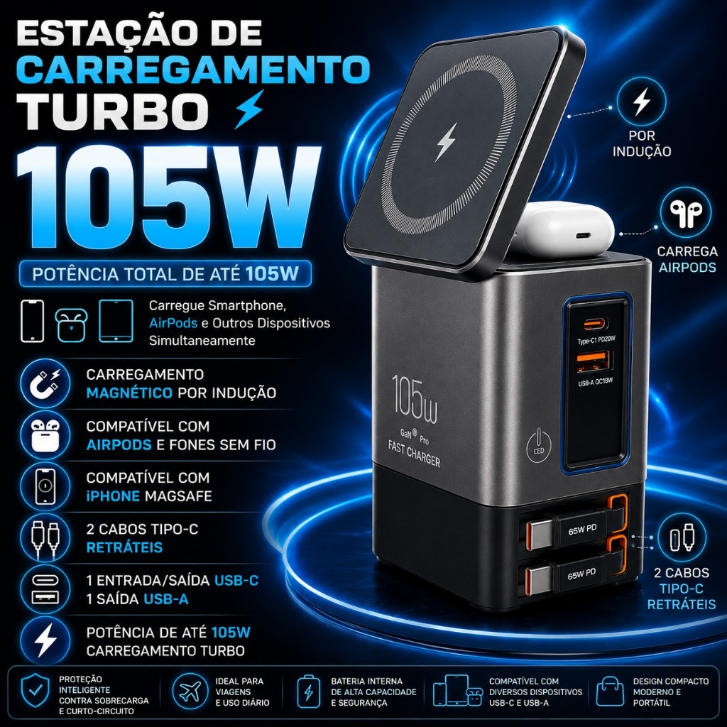 Estação de Carregamento Rápido GaN 6 em 1 105W Suporte Magnético 15W