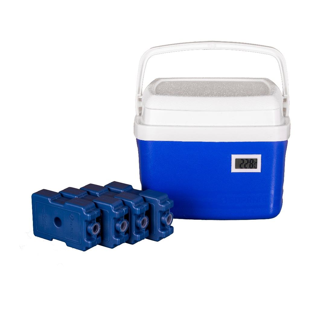 Caixa Térmica 5 Litros Cooler Termômetro Digital Simples 4 Placas Gelo Reutilizável 200 ml transporte vacina medicamento