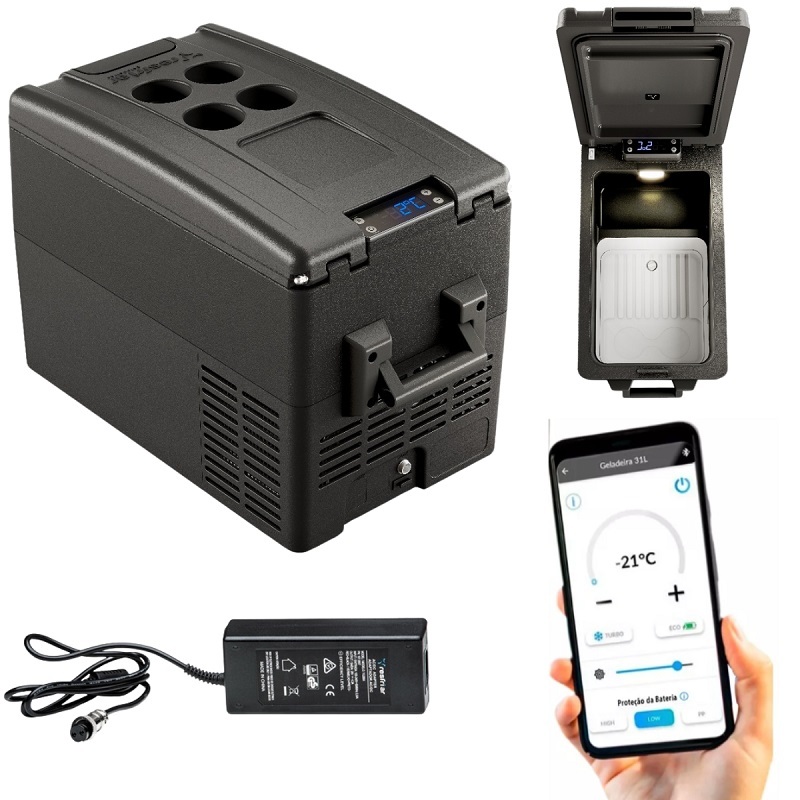 Geladeira Portátil Quadrivolt Digital Resfriar 31 Litros Bluetooth Caminhão Ônibus Van Trailer