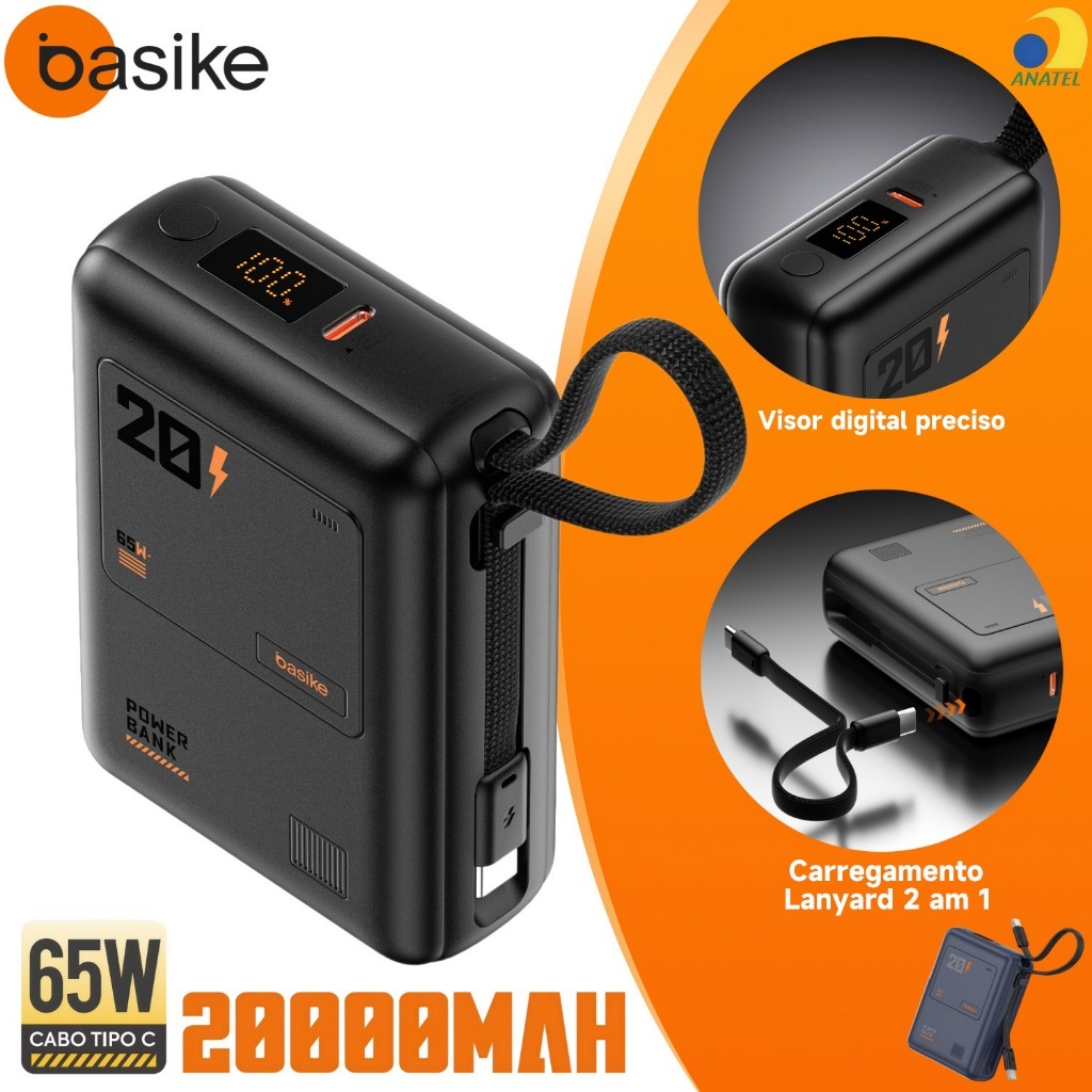 BASIKE Power Bank 20000mAh PD 65W  carregamento rápido Carregamento Duplo Com 2 Cabos