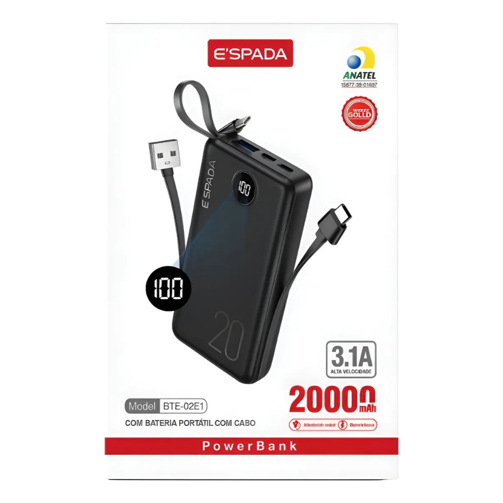 Power Bank Agold 20000mAh com Carregamento Rápido e Simultâneo