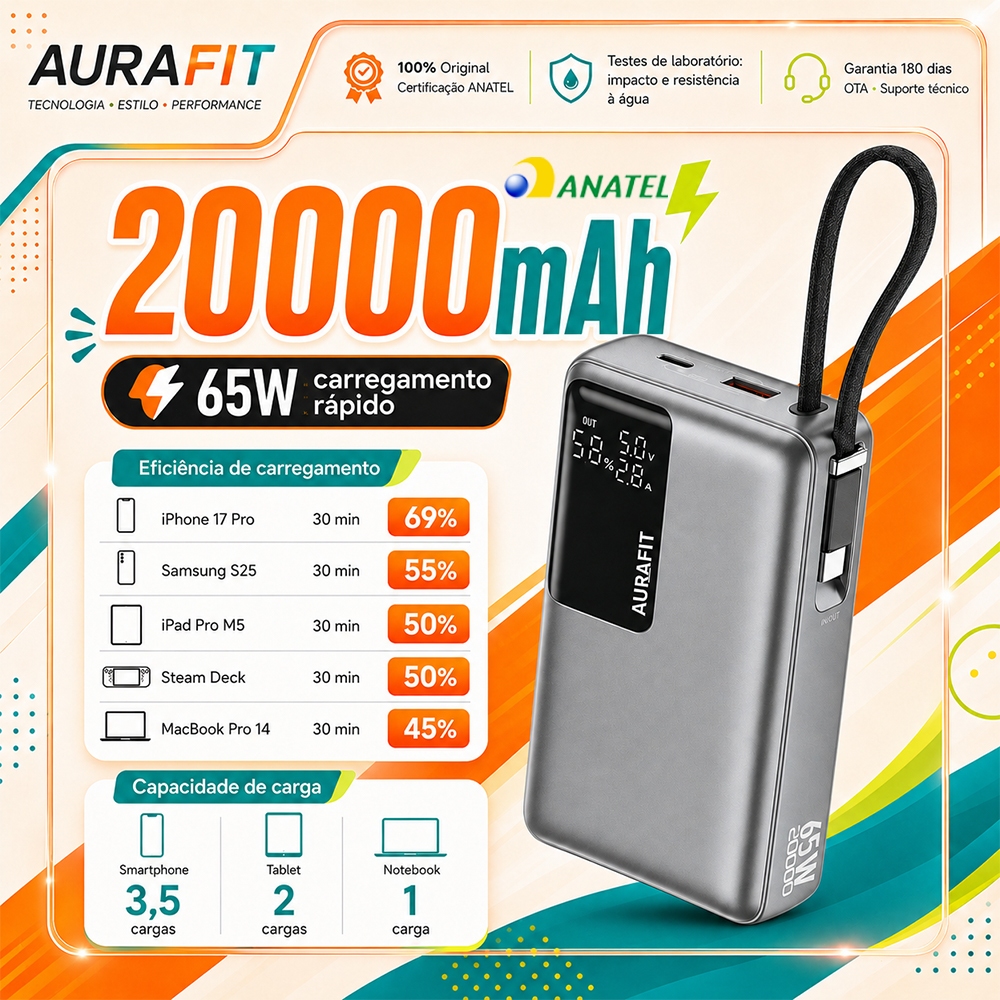 AURAFIT PB0201 Power Bank 20000mAh 65W Grafite com Cabo Retrátil para Notebook