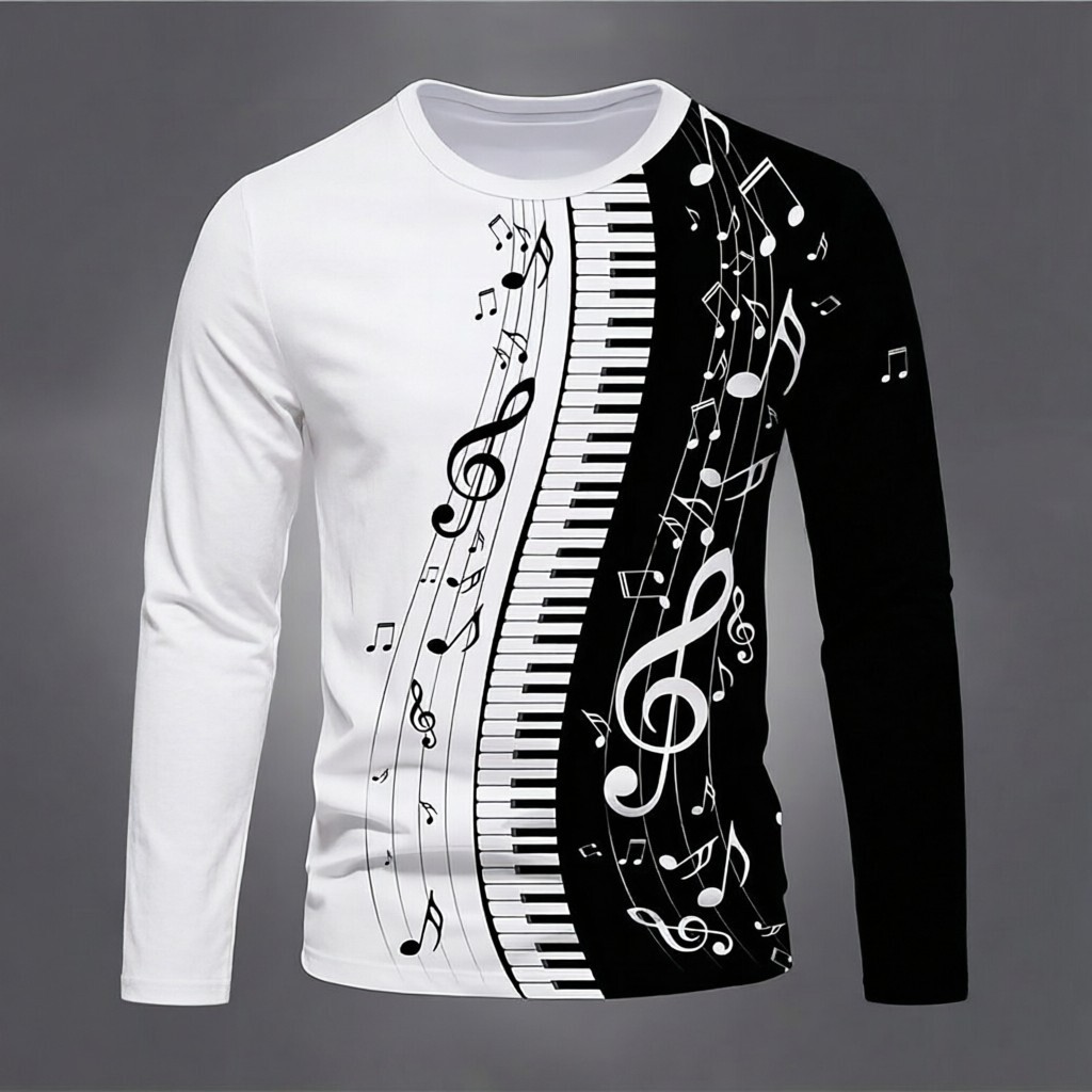 Camiseta Masculina De Manga Comprida 3D Piano Key Music Note Print Crew Neck Moda Tema Musical Tops Casuais