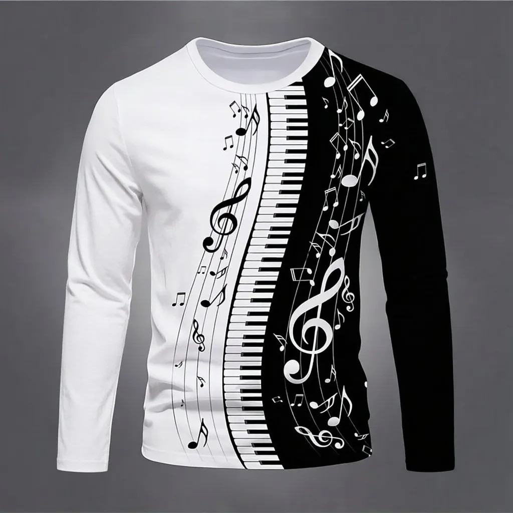 Camiseta Masculina De Manga Comprida 3D Piano Key Music Note Print Crew Neck Moda Tema Musical Tops Casuais
