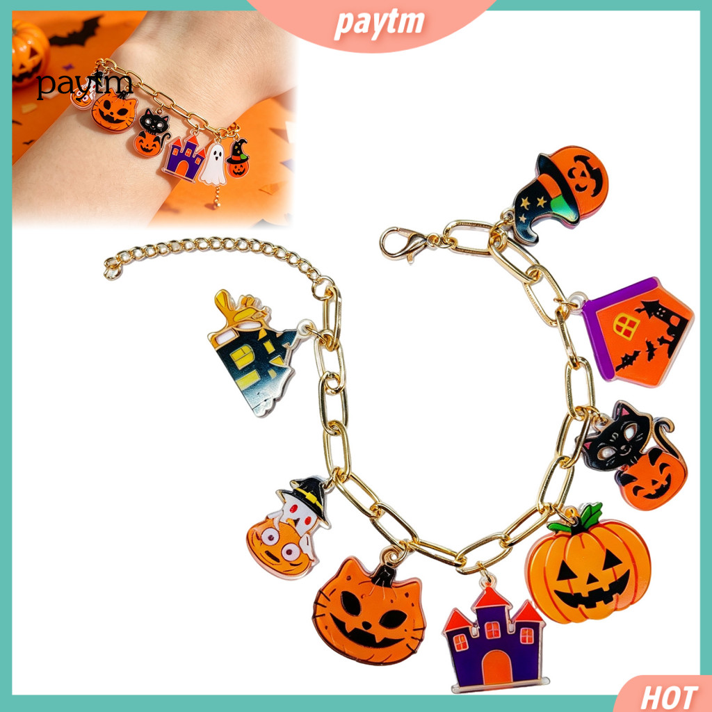 Acrylic Pumpkin Wrist Jewelry Halloween Charm Bracelet for Women Cute Spooky Cat Ghost Castle Pendants Adjustable Metal