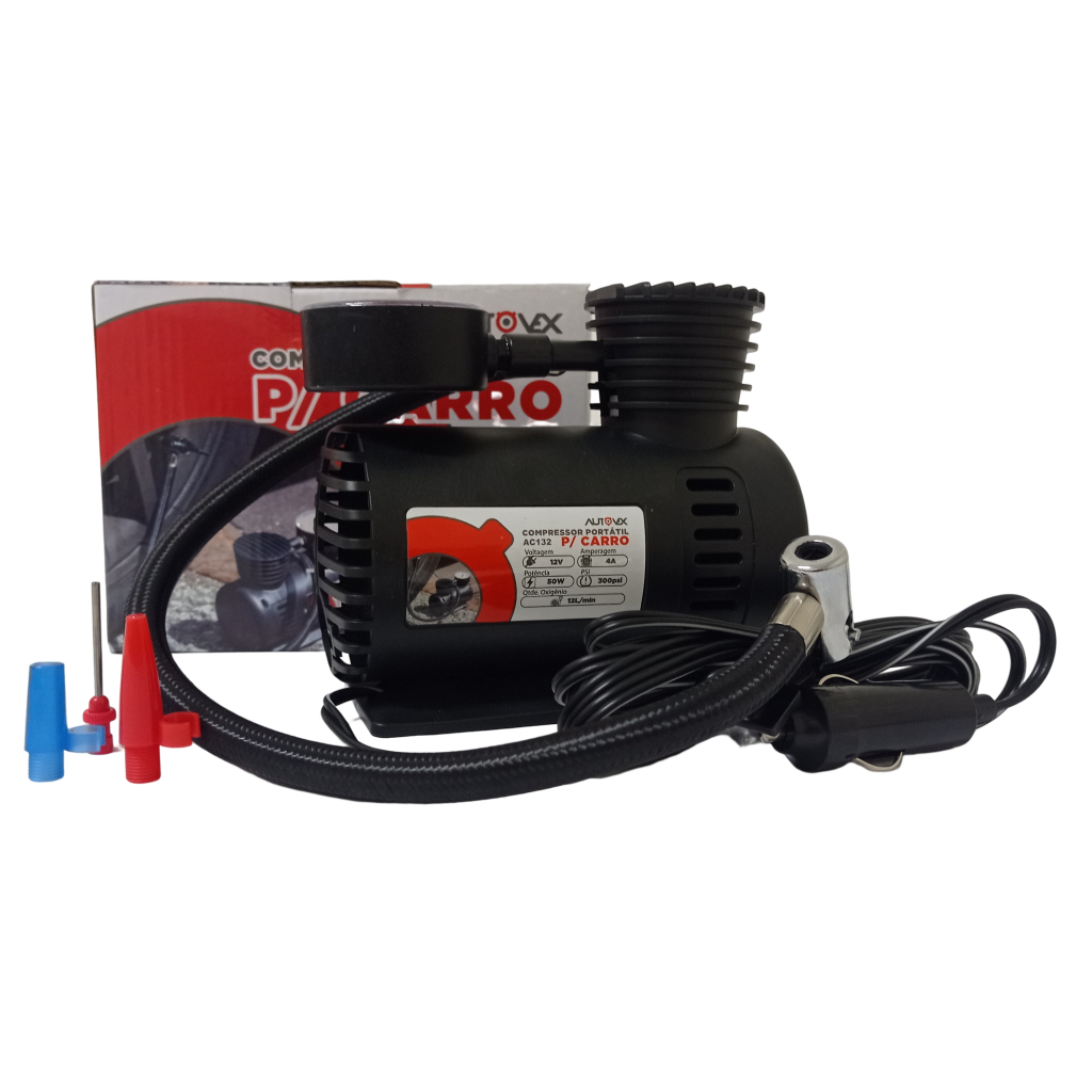 Mini Compressor Ar Elétrico Portátil 50w 12v 3 Adaptadores Pneu Moto Carro